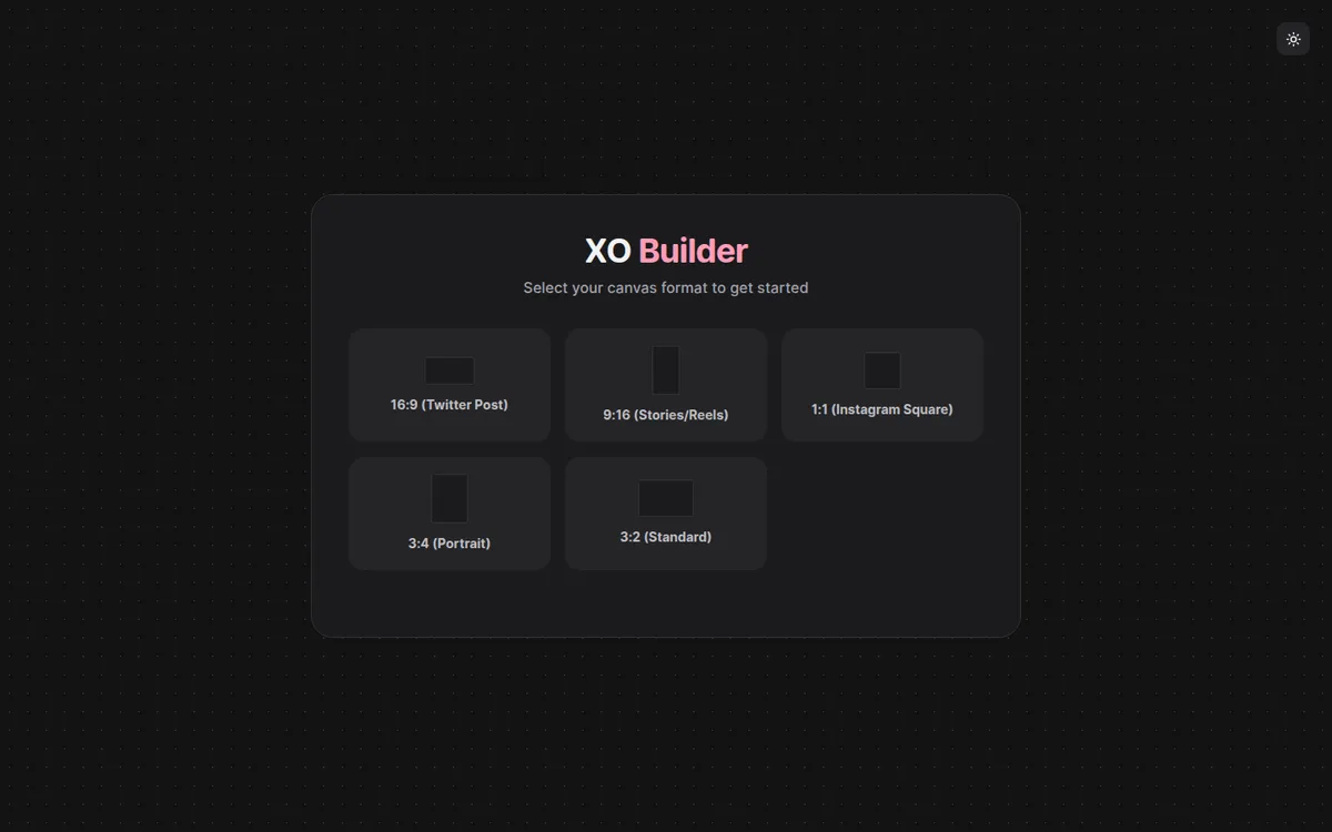 Screenshot of the XO Builder canvas format picker