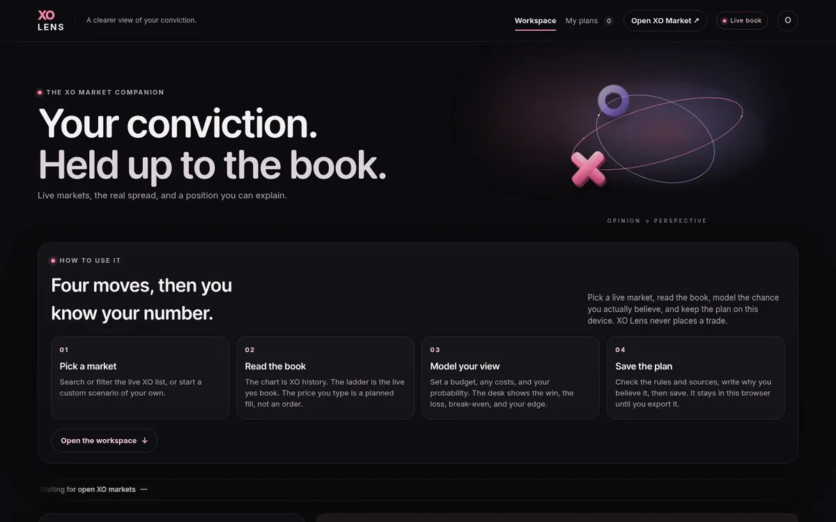 Screenshot of the XO Lens home page
